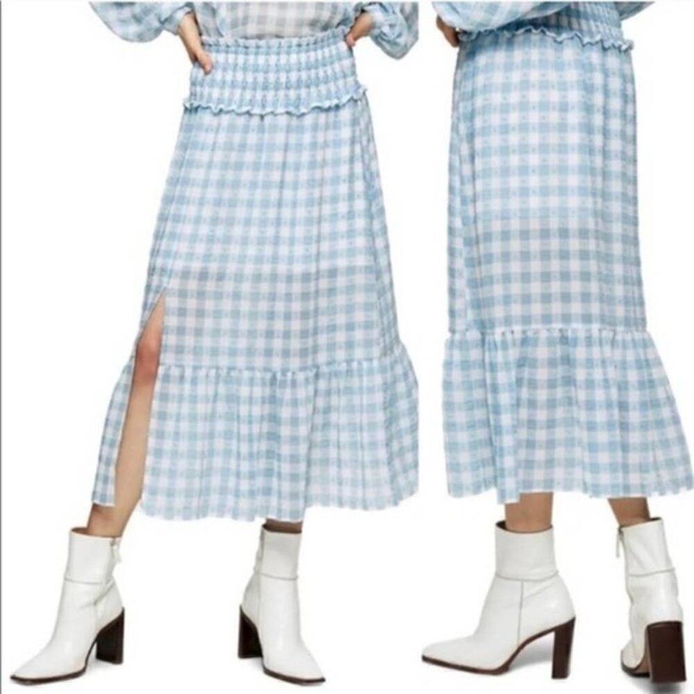 NWT Topshop Light Blue Gingham Check Midi Skirt Size 8